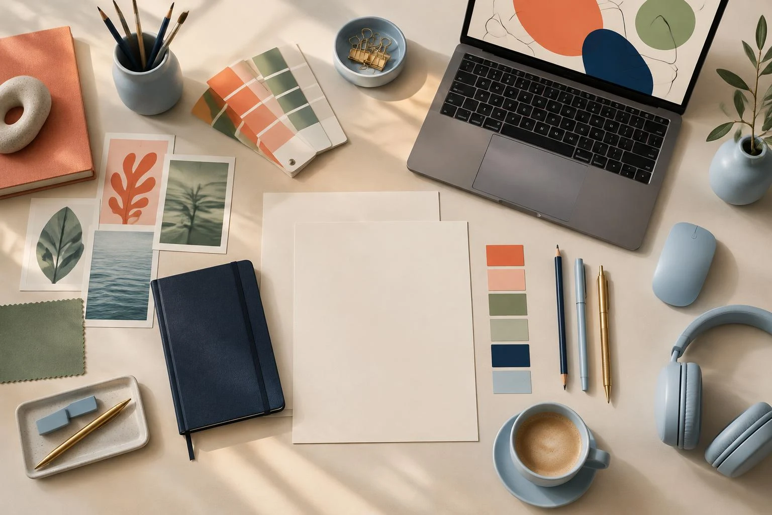 Editorial creative desk with colour studies, a laptop and design materials