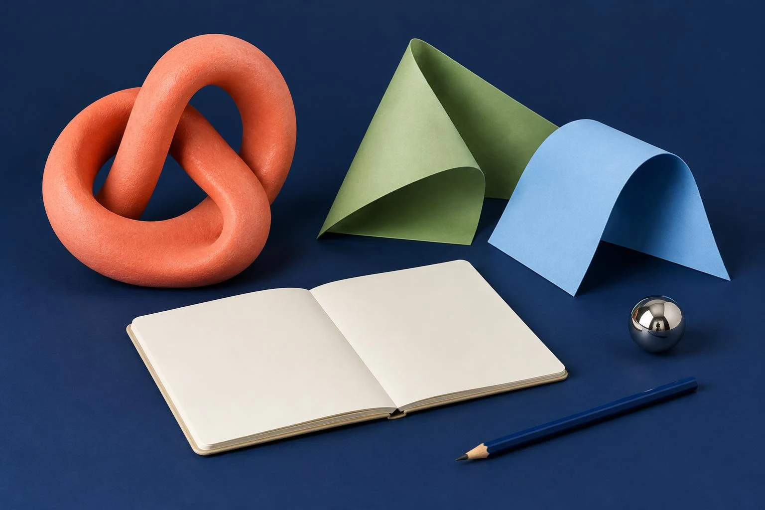 Coral sculpture, sage and sky-blue paper forms beside an open notebook